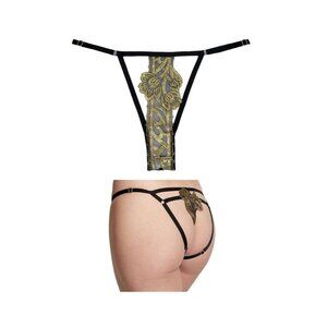 ❤️Victoria's Secret Very Sexy Women's Panty M Black Gold Floral Strap Bikini New